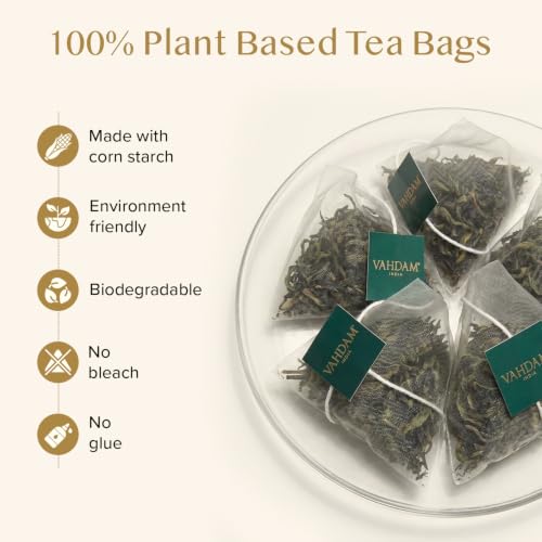 Image of VAHDAM, Organic Himalayan Green Tea (100 Count) High Grown, Non GMO, Gluten Free, Low Caffeine | Earthy & Smooth | Resealable & Plant-Based Pyramid Tea Bags (Pack of 3)