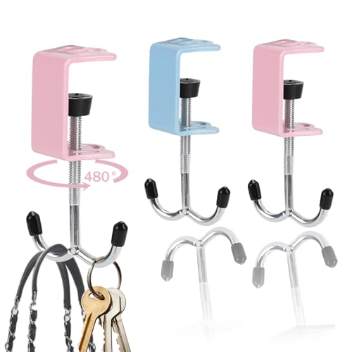 2Pcs Adjustable Purse Hooks for Table & Desk - 100lb Capacity Heavy-Duty Alloy Backpack Hanger Multi-Use Purse Hanger for Handbag Headphone Umbrellas Space-Saving Desk Organizer (Blue & Pink)