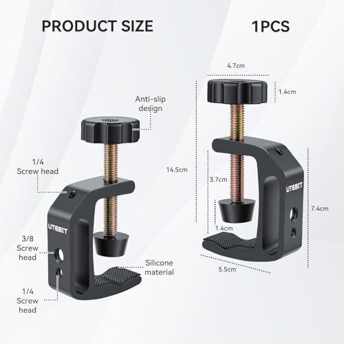 Image of UTEBIT Universal C-Clamp for Desktop Mount Holder, with 1 /4 inch & 3 /8 inch Thread | 3.7 inch-5.7 inch Desk C-Clamp Aluminum Support Clamp for Desktop Mount Carts Benches Worktables, Black