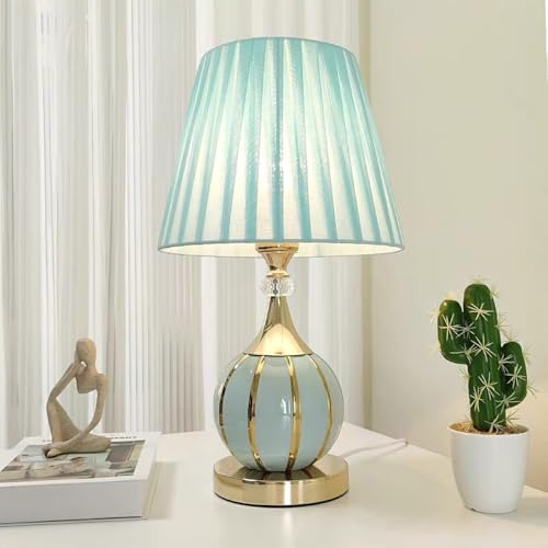 Mengjay Lampada da tavolo in ceramica vintage, Base Sferica,lampada da comodino per soggiorno, camera da letto in tessuto, Luce da lettura, Luce da scrivania, E27 Luce notturna (Blu)