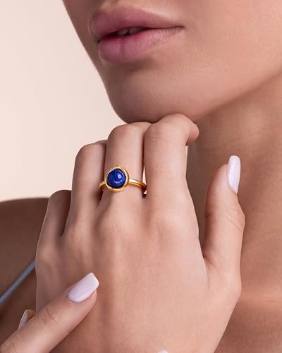 Blue Lapis Lazuli Natural Stone Adjustable Statement Open Ring for Women by SNGIA, Summer Beach Unique Bead Gemstone Stackable Wedding Date Birthday Gift, Bohemian Stone Irregular Trendy Navy Jewelry, Textured Patterned Fashion Quartz Accessories, Vintage Hammered Circular Nickle Free Gifts.3