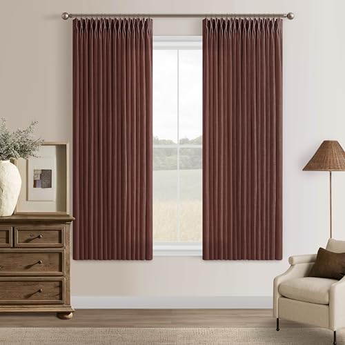 63 Inch Memory Train Linen Pleat Semi Sheer Reddish Brown Kitchen Curtains