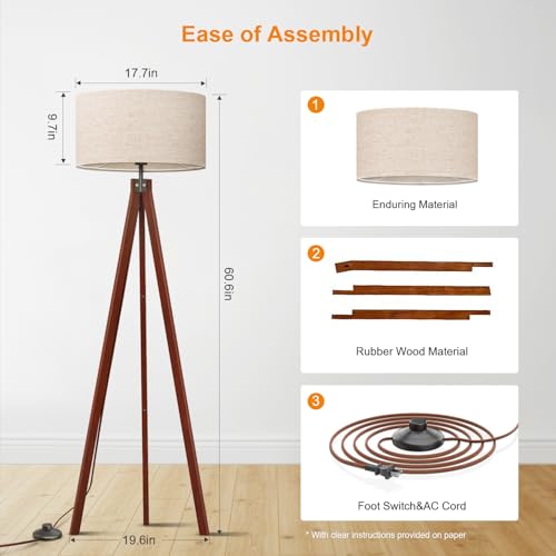LEPOWER Wood Tripod Floor Lamp, Mid Century Standing Lamp, Modern Design Studying Light for Living Room, Bedroom, Study Room and Office, Flaxen Linen Shade with E26 Base Brown - Image 4