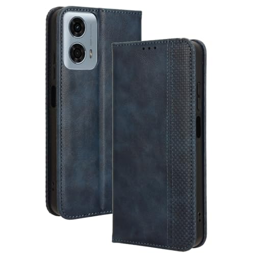 Leather Folio Cover per Motorola Moto G34 Custodia pelle PU Magnetica Libro Flip Portafoglio con Funzione Stand. Blu