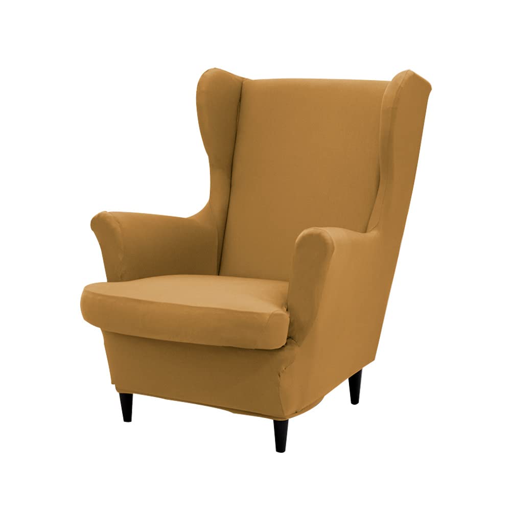 Highdi Wingback Chair Covers 2 Piece Stretch Wing Chair Slipcover, Solid Color Washable Spandex Fabric Sofa Cover Furniture Protector for Armchair Chairs Hotel Living Room Bedroom (Camel)