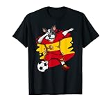 Diseño de bandera española de fútbol para cualquier fanático del fútbol del equipo de fútbol de España. Divertido traje de futbolista de perro dabbing para los amantes del fútbol de España tiene un bulldog dabbing con una camiseta deportiva de la bandera de España haciendo baile hip hop dab