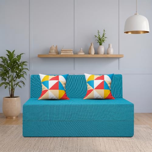 Image of Starlon 2 Seater Sofa Cum Bed Foldable 3-in-1 Sofa Bed with 1 Year Warranty, Washable Jute Fabric Cover & 2 Geometrical Pillows | Aqua Teal 4x6 Ft
