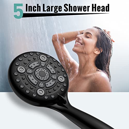 Handheld Shower Head, Sr Sun Rise 6-Settings 4.8 Inches High Pressure Shower Head With 1.8 Meter/70.8 Inch Long 304 Stainless Steel Shower Hose And Shower Arm Mount With Brass Ball Joint, Matte Black #TOP2