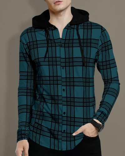 Image of Noble Monk Men's Cotton Blend Hooded Neck Full Sleeve Shirt | Regular Fit | Checkered Pattern | Casual Shirt