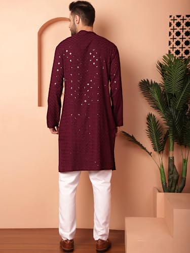 Image of Jompers Men's Purple Embroidered and Sequence Kurta with Pyjama (Purple, S)