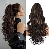 24 Inch Ponytail Extension, Layered Ponytail Extensions for Women, Soft Wavy Claw Clip in Ponytail Extension, Natural Synthetic Hair Pieces for Women (Color: Dark Brown with Honey Blonde Highlights)
