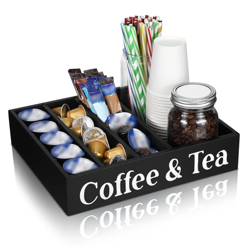 Soaoo Coffee Station Organizer Wooden Coffee and Tea Holder Countertop Accessories with 4 Removable Dividers, Condiment Organizer Adjustable Cafe Pod Holder Home Office Bar Kitchen by Soaoo - Used condition - US$14.44