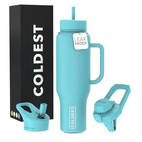Coldest Tumbler with Handle and Straw, 100% Spill Proof Tumbler with Straw (3 Lids), Stainless Steel Insulated Leakproof Tumblers for Women Men, Cup Holder Friendly, 46 oz (Turtly Green)