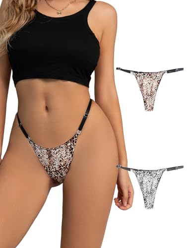 ohmydear String Femme Sexy Chic Tanga Ficelle Mini String Léopard Slip Entrejambe en Coton Bikini String sans Couture sous-Vêtement Lingerie Grandes Taille...