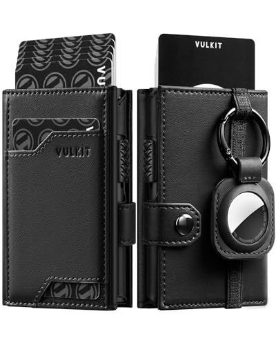 Image of VULKIT Airtag Wallet with Keyring Mens Pop up Credit Card Wallet with Air Tag Holder Trifold ID Window RFID Blocking, Top Grain Cowhide Black, Minimalist