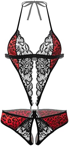 Avidlove Womens Lingerie Sexy Lace Teddy Halter One Piece Babydoll Red Leopard M — view 5