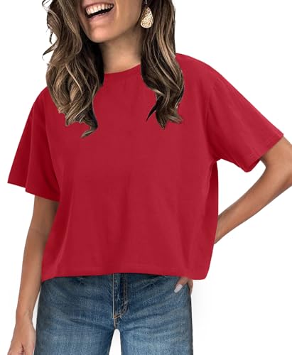 Image of UNCLECAT Womens Short Sleeve Crop Tops Summer Basic Cropped T Shirts | Workout,Casual,Crew Neck Tee,Boxy Loose Fit,Cotton Trendy Clothes