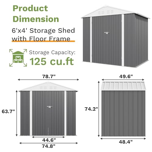 Image of Patiowell 6x4 FT Outdoor Storage Shed with Floor Frame, Metal Garden Sheds