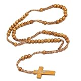 Natural Wood Beaded Cross Rosary Necklace Boho Handmade 8MM Wooden Beads with Jesus Cross Lightweight Rope Necklace for Men Women Religious Christian Prayer Fashion Jewelry Gifts (Light brown color)
