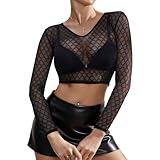 1 Pièce Haut Resille Femme Haut Sexy Femme Top Dentelle Manche Longue Chemisier À Manches Longues en Résille Taille M Douce pour La Peau Respirante Effet Transparent Sensuelle Et Élégante À La Fois