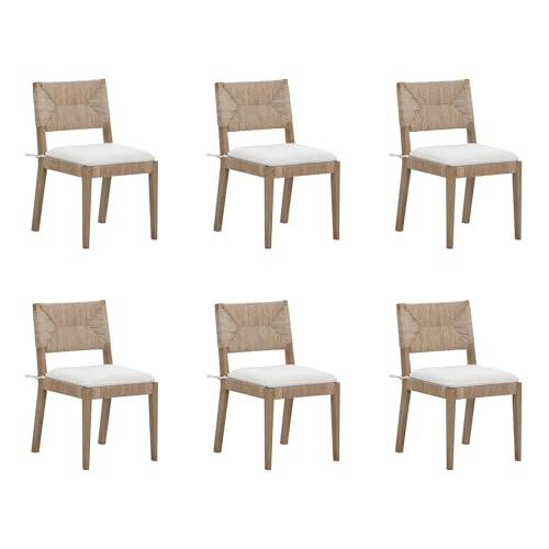 Image of Beacon Boho Dining Chair Set of 6, Boucle Dining Chair with Seagrass Accent and Solid Wood Legs, Cream Boucle /Light Brown