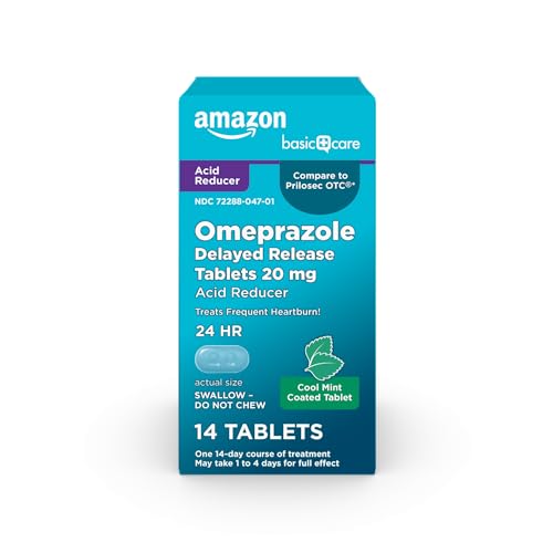 Amazon Basic Care Omeprazole Delayed Release Tablets 20 mg, Cool Mint, Acid Reducer, 24-Hour Heartburn Relief, 14 Count - image 1