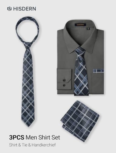 Image of HISDERN Mens Dress Shirt with Tie Pocket Square Set Classic Button Down Shirt Matching Tie Long Sleeve Shirts