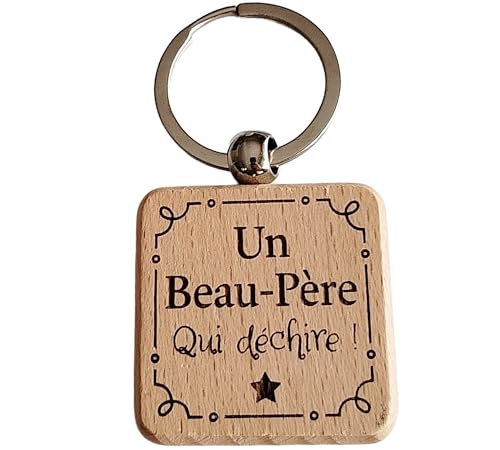 Porte-Clés en Bois Gravé Personnalisé - Idée Cadeau Beau Père Unique - Porte Clef Beau Père Personnalisé Idéal pour Cadeau de Noël, Anniversaire