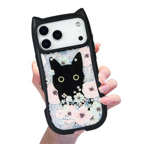 xoniery Compatible with iPhone 17 Pro Max Cute Floral Case [ 3D Cat Colorful Flowers ] [ Senior Shockproof Protective ] for iPhone 17 Pro Max Clear Case for Women Girls-Black