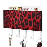Red Leopard Pattern Key Holder Rack Hanger Wall Mount Decorative Mail Holder with 5 Hooks Mail Organizer Wall Mounted Adhesive Coat & Key Hooks for Wall Entryway Hallway Kitchen Easy Installation