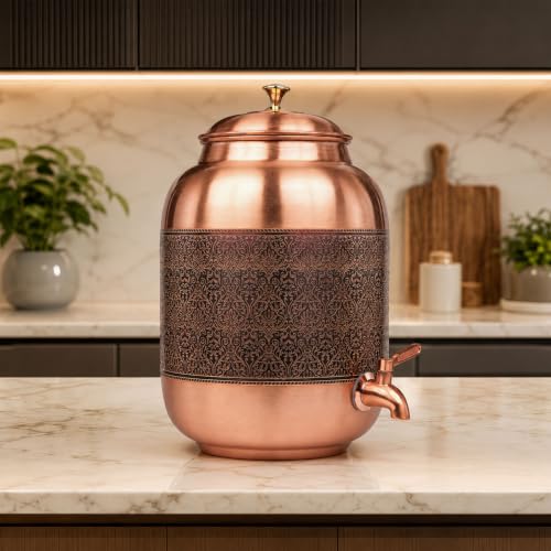 Image of Artarium Pure Copper Water Dispenser 8 Litre with Tap, Handcrafted Etched Hammered Matka Copper Water Storage Container, Ayurvedic Water Dispenser for Home, Kitchen, Office & Dining