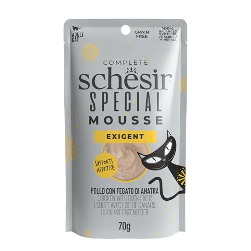 Schesir Special Exigent, Filetes de Pollo con Pato en Mousse, Alimento Húmedo Completo para Gatos, en sobre, sin Cereales, Alto Contenido en Proteínas, Rico en Hidratación, 12 x 70 g