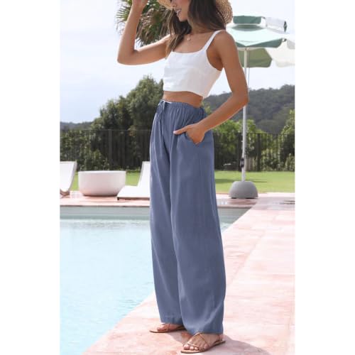 Image of Duyang Womens Cotton Linen Palazzo Pants Drawstring Elastic Waist Casual Wide Leg Trousers with Pockets