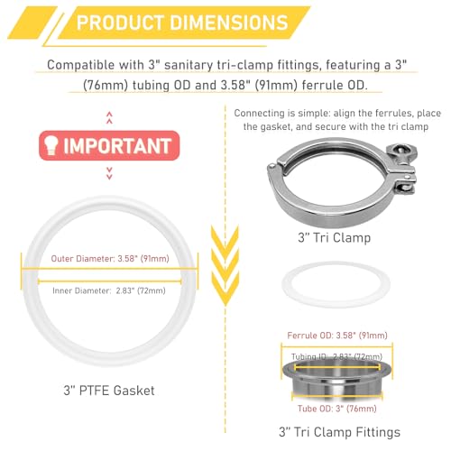 Image of 3 Inch Tri Clamp PTFE Gasket 12PCS for 3 inch Tri-Clamp Sanitary Fittings Polytetrafluoroethylene TC Seal Gaskets (0uter Diameter: 91mm, Thickness: 4mm)