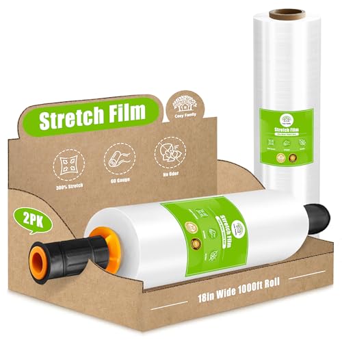 Image of Cosy Family Plastic Wrap Stretch Film Roll - 1000ft 60 Gauge Industrial Strength 18 inch Wide Clear Plastic Wrap Roll with Handles for Pallet Wrapping Shipping Moving - Clear, Pack of 2