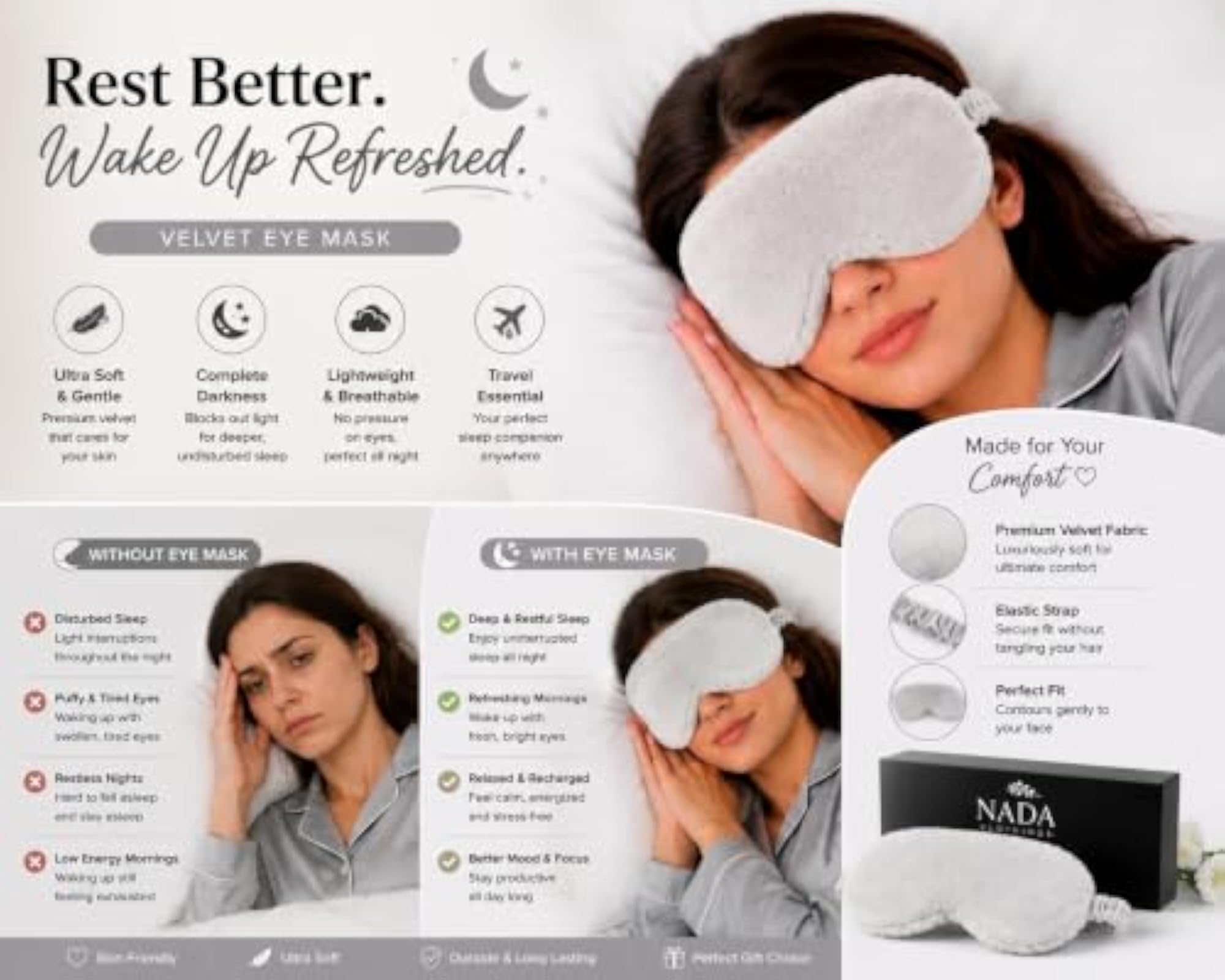 Soft Velvet Rabbit Fur Eye Cover, Light Blocking Blindfold for Sleep