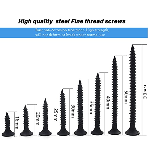 GVAKMM #6 Fine Thread Drywall Screw,8 Sizes Wood Screws Assortment Set,Balck Flat Head Screw Set,Self Tapping Wood Screws,for Drywall,Sheetrock,Machine,Furniture, 1620253035405070mm - Thumbnail 2