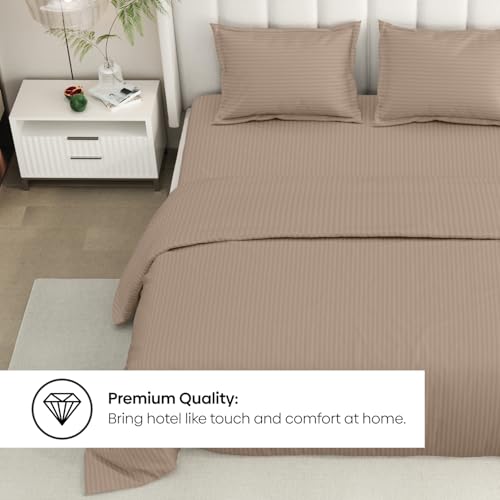 Image of Rivermoor Ultrasoft Bedsheet for Double Bed | Queen Size Bed Sheet with 2 Pillow Covers | Beige Satin Stripe | 90 x 98 Inches | Breathable & Hypoallergenic