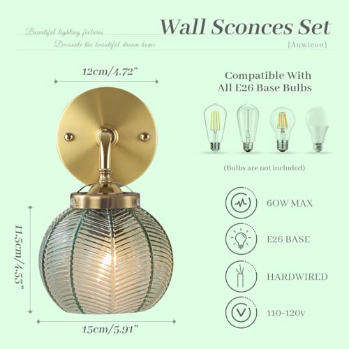 Image of Green Glass Wall Sconce Art Deco Globe Shade Gold Vanity Lights | Vintage Wall Light Over Mirror, Easy to install, Bathroom Vanity Lighting, 110V E26 Base, Mid Century Modern Wall Lamp