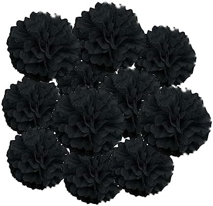 12pcs 10in & 12in Black Paper Pom Poms - Tissue Paper Flower Hang...