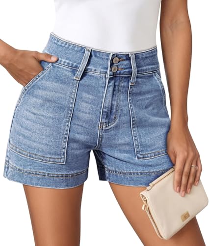 Pink Queen Women's High Waisted Jeans Shorts Y2K Fashion Style Hot Shorts Summer Casual Vintage Pocketed Denim Shorts with Button Closure Sky Blue M