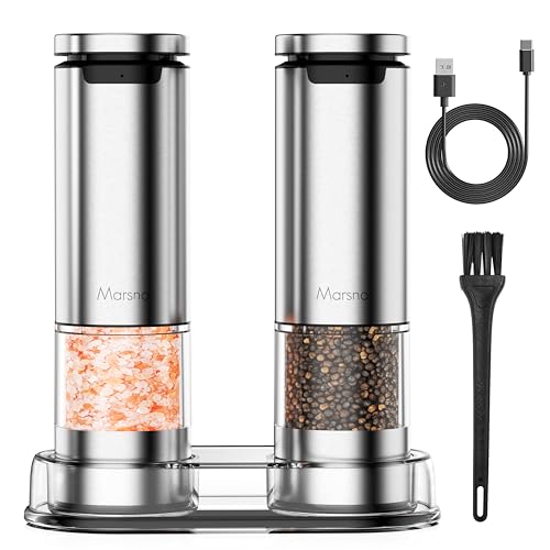 Upgraded Capacity Electric Salt and Pepper Grinder Set, Automatic Salt and Pepper Mill Grinder with Adjustable Coarseness, Stainless Steel Rechargeable Pepper Grinder with Storage Base