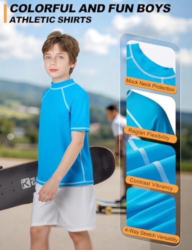 Image of Boys Rash Guard Short Sleeve UPF50+ Sun Protection Water Beach Swim Shirt | Kids Youth Surfing Pool Neon Swimwear Top Quick Dry Tagless Ultra Soft Stretchy Lightweight Moisture Wicking Cool Feel Tee