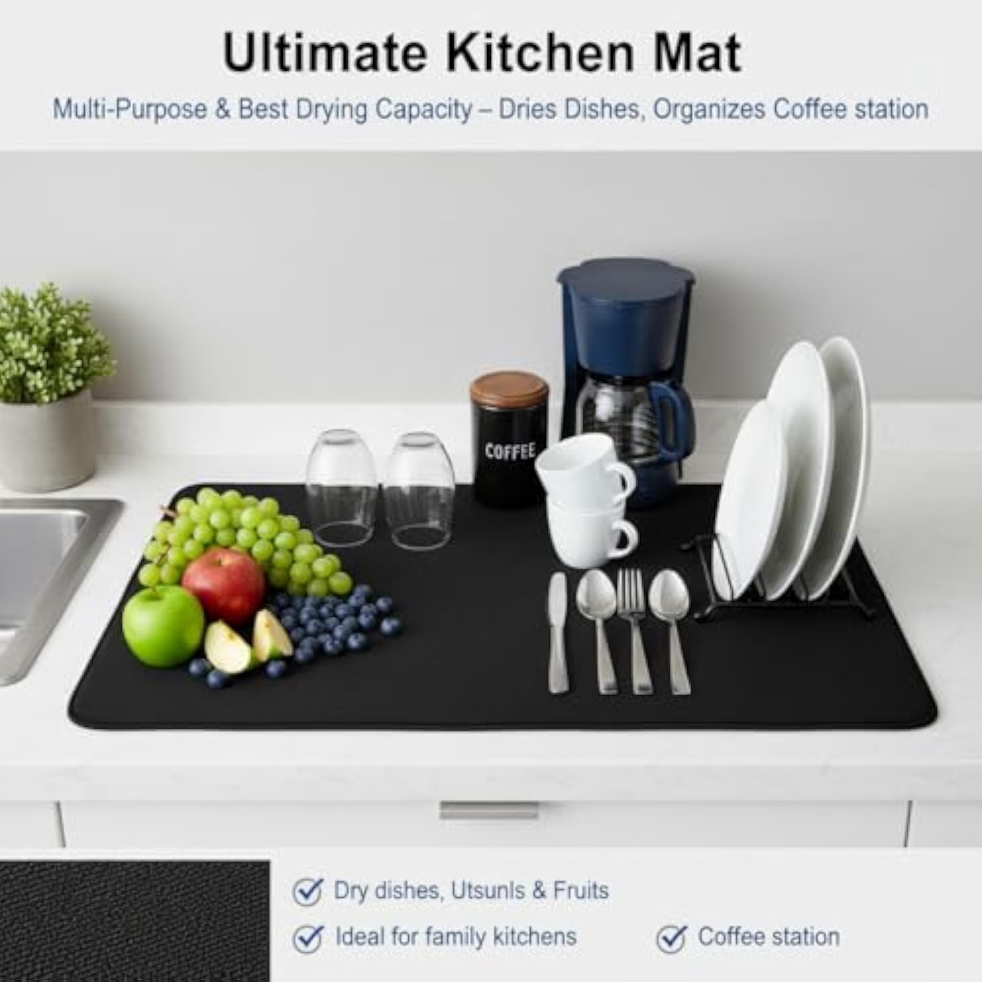 Black Dish Drying Mat, Super Absorbent Kitchen Counter Protector