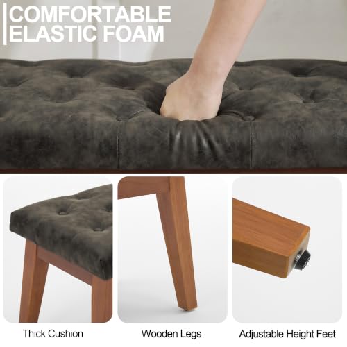 Image of 43.5 inch Padded Button Tufted Faux Leather End of Bed Bench, Charcoal Gray | Padded upholstered bench with solid wood legs, ideal for entryway, dining room, bedroom, vanity area, or living room.