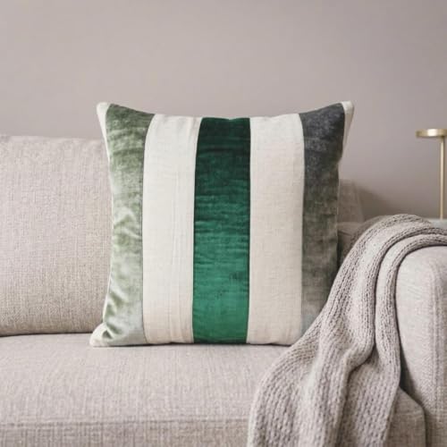 The HomeCentric Striped Decorative Throw Pillow Covers 18" x 18" | Modern Velvet Cushion Cover | Patchwork Emerald Green Pillowcases for Couch, Sofa, Bed, or Living Room - Velvet Band Emerald