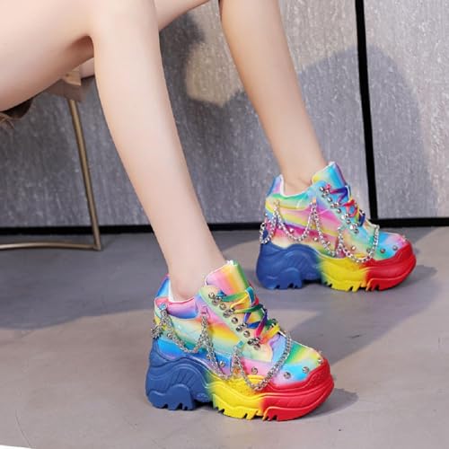 Spring Autumn Height Increasing Platform Metal Chain Rivet Genuine Leather Women Rainbow Color Sneakers Shoes Ladies Wedges Pumps 24012