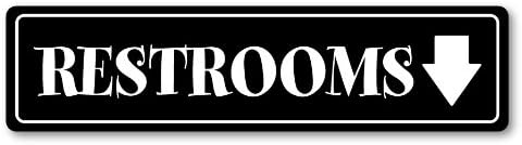 GRX1131 Aluminum Sign LARGE 24 in x 6 in: RESTROOMS. ARROW DOWN (black/white) Style 3