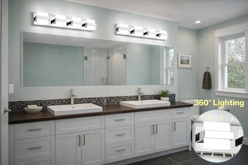 Image of SOLFART Chrome Vanity Lights for Bathroom Above Mirror,4 Light Bathroom Light Fixtures, LED Lighting Fixture, Nickel Vanity Light,5 Color Temperature Adjustable Light Over Mirror