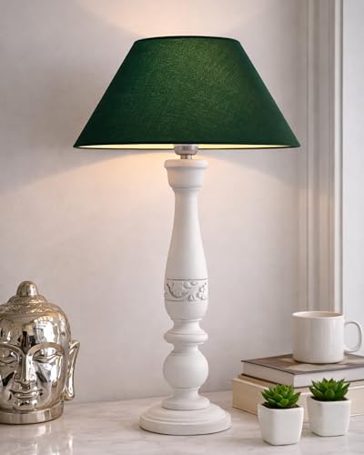 Image of Homesake Handcrafted Wooden Table Lamp for Bedroom & Living Room | Decorative Bedside Reading Lamp with Fabric Shade, E27 Holder | Bulb Included | White Floral Carved Base for Home Decor, Green